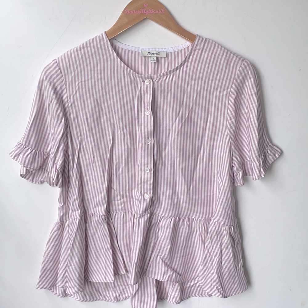 (A53) Madewell Studio Ruffle Hem Lavender Stripe Top Women's, Size Medium - Picture 6 of 11
